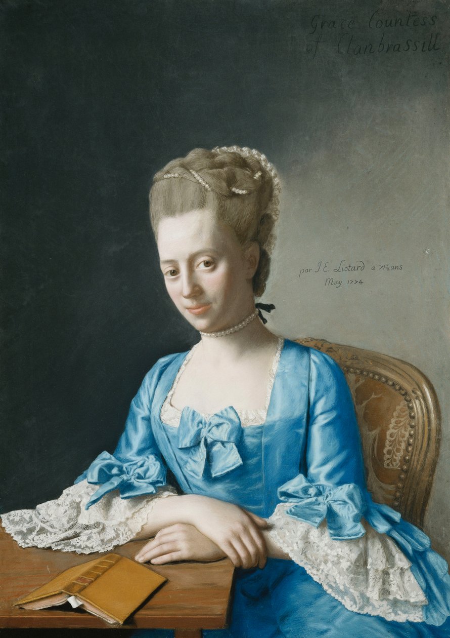 Portrait of Grace, grevinne av Clanbrassil, nee Foley, halv lengde, i en blå kjole, sittende ved et bord, hendene i kors, 1774 av Jean Étienne Liotard