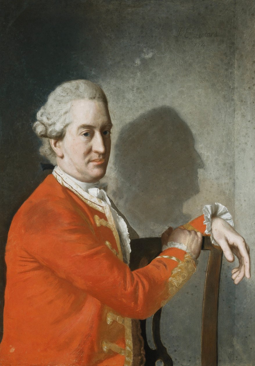 Portrett av James Hamilton, 2. jarl av Clanbrassil, halv lengde, i en rød frakk, sittende i en mahognistol, hans profil støpt i skygger på veggen bak, 1774 av Jean Étienne Liotard