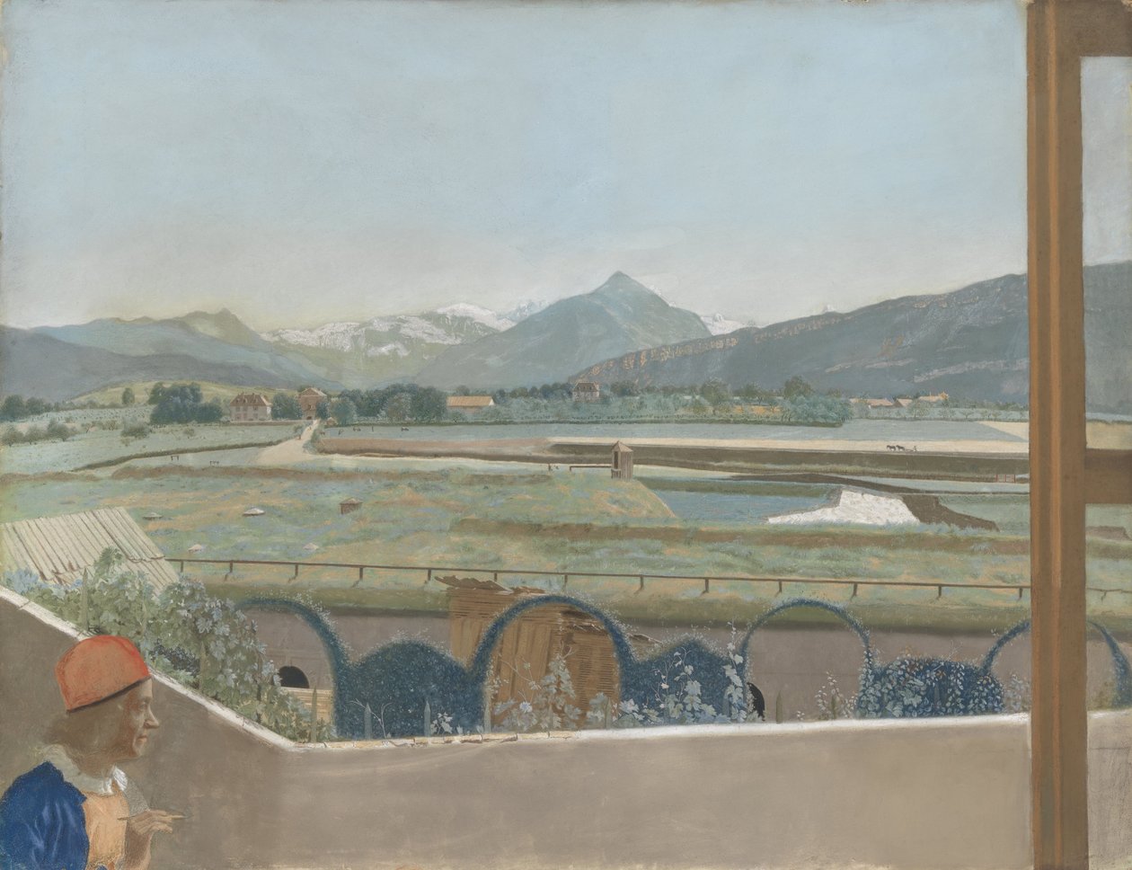 Utsikt mot Mont Blanc-massivet fra kunstnerens studio i Genève, med et selvportrett, 1765-70 (pergament) av Jean Étienne Liotard