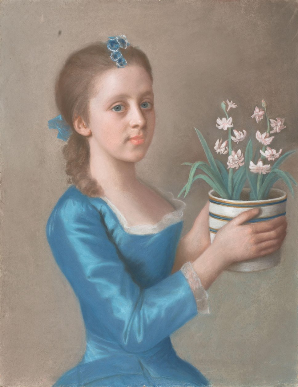 Ung jente som holder en gryte med hyasinter Jente med en blomsterpotte med hyasinter (muligens et portrett av Lady Caroline Russell, senere hertuginne av Marlborough) av Jean Étienne Liotard
