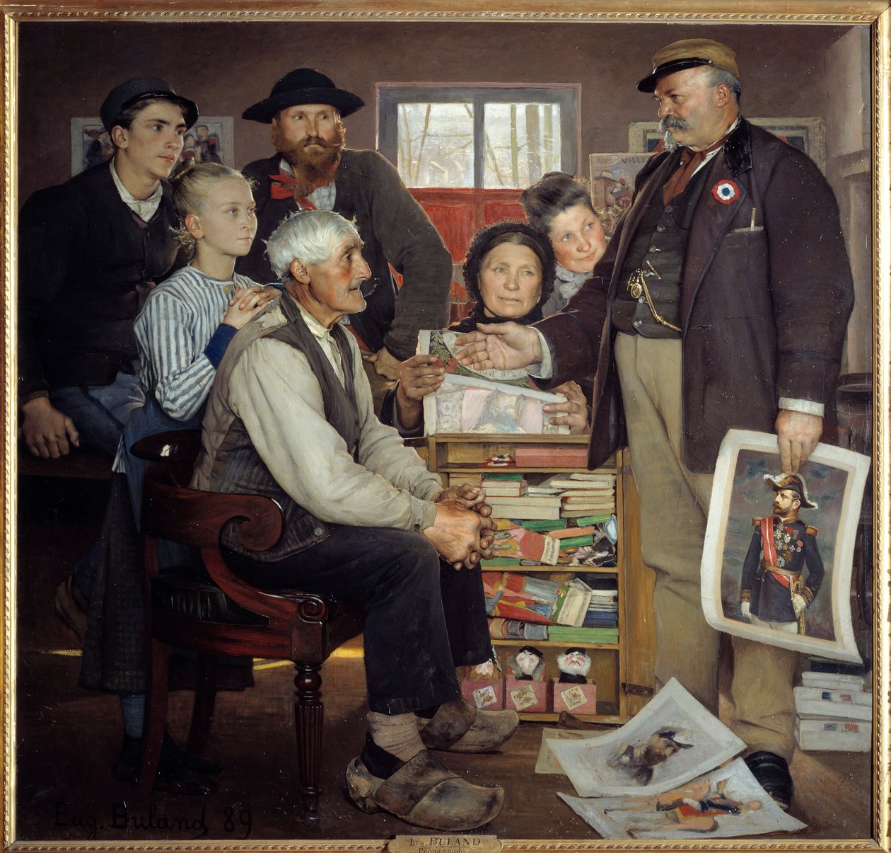 Baker propaganda scene. En baker prøver å overbevise en gammel bonde om å bli med på festen. Maleri av Eugene Buland (1852-1927) av Jean Eugene Buland