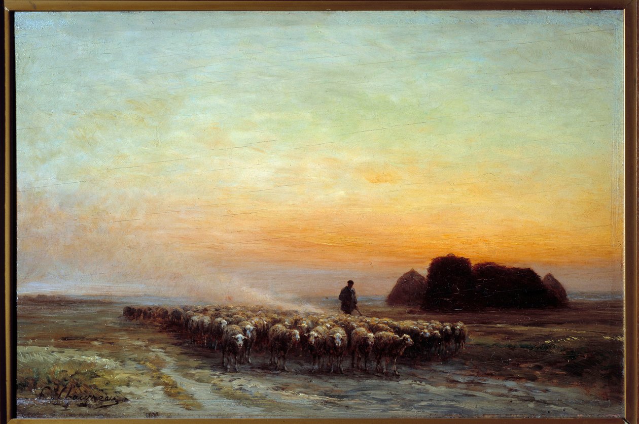 Saueflokk i støv. Maleri av Jean Ferdinand Chaigneau (1830-1906) av Jean Ferdinand Chaigneau