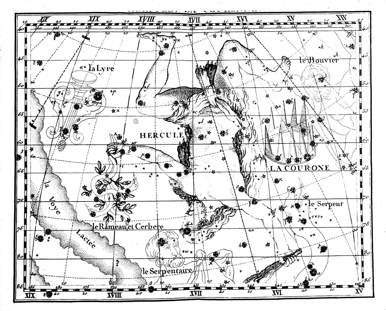 Astronomisk kart, sentrert om stjernebildet Hercules, 1775 av Jean Fortin