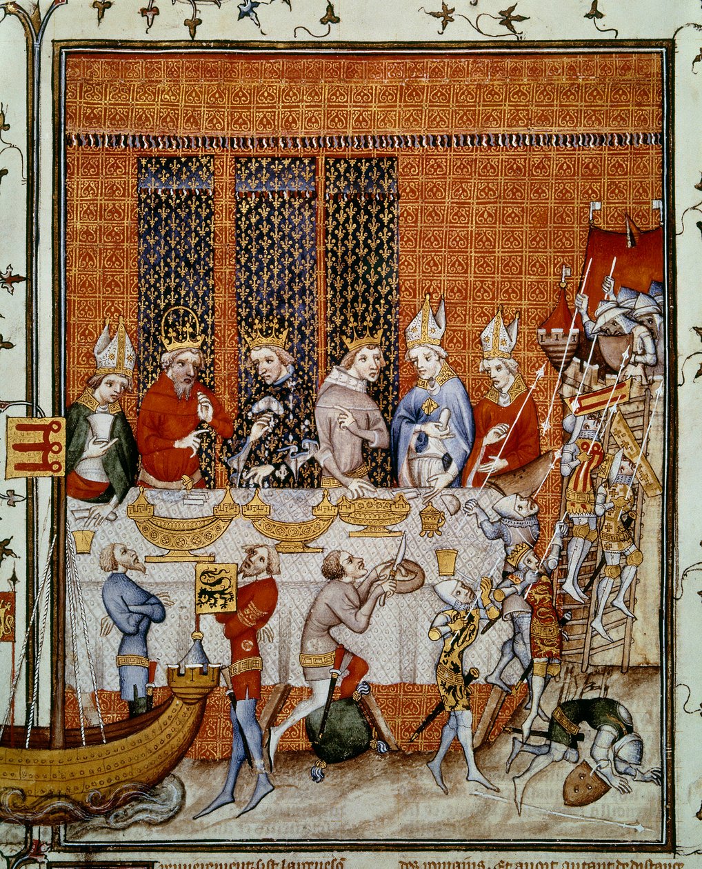 Bankett tilbudt av kong Charles V av Frankrike (1338-1380) på Palace of the Cite til ære for keiser Charles IV (1316-1378) og Wencesla IV (1363-1419) kongen av Boheme. Miniatyr fra «Great Chronicles of France» av Jean Fouquet (1420-1481), Paris, B.N. av Jean Fouquet