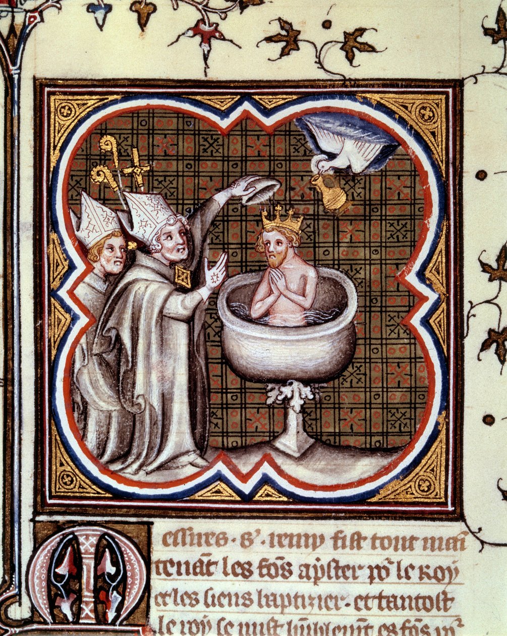 Bapteme of Clovis (466-511) av Saint Remy (Saint Remi) til Reims i 496: Den Hellige Ånd bringer den hellige pæren som inneholder den hellige kermen som brukes til salvelse av konger. Miniatyr i "" grandes chronicles de france" av Jean Fouquet (1420-1481) av Jean Fouquet