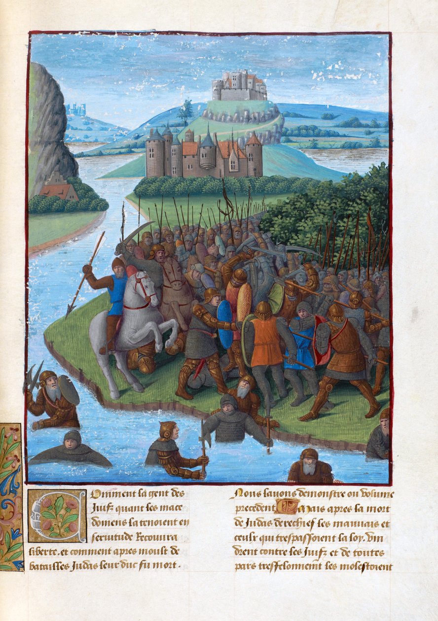 Kamp mellom makkabeerne og seleukidene (Maccabean Revolt). Illustrasjon i Flavius ​​​​Josephus ""Antiquities of the Jews"" (Antiquitatum Iudaica av Fouquet, Jean (1420-1481). Gouache på pergament, L av Jean Fouquet