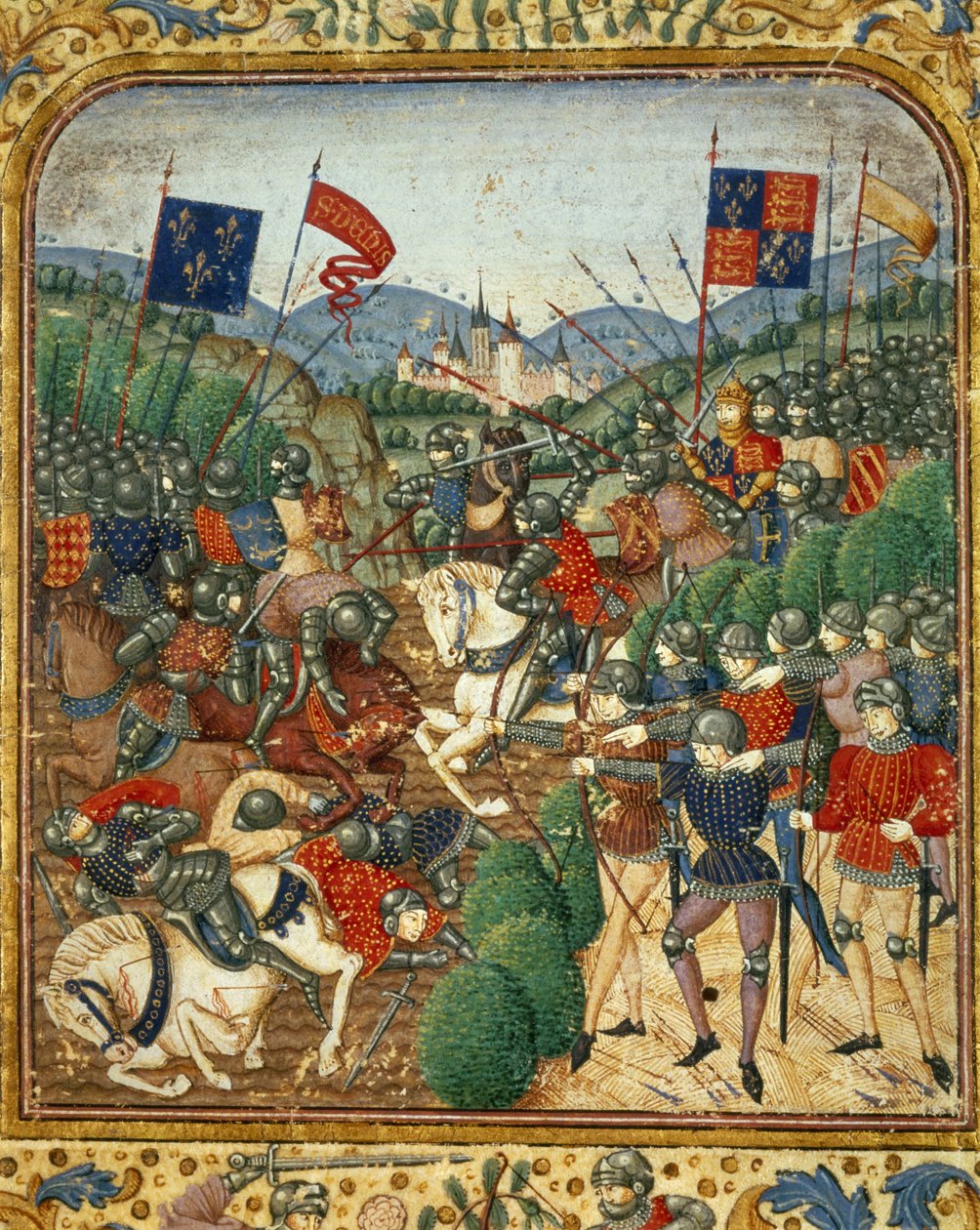 Slaget ved Azincourt (1415). Under hundreårskrigen beseiret Henry V av England det franske Armagnacs-partiet - i "Grandes Chronicles de France" av Jean Fouquet, rundt 1467 - 1476). Victoria & Albert bibliotek av Jean Fouquet
