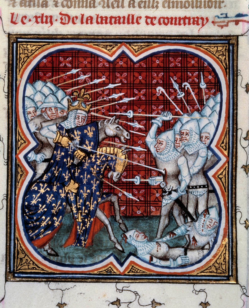 Slaget ved Kortrijk mellom Filip IV the Bel (1268-1314) og det flamske såkalte slaget ved Golden Spurs 11/07/1302 Miniatyr hentet fra "" Les grandes chronicles de France"" av Jean Fouquet (1420-1481) 1400-tallet . Paris, B.N. av Jean Fouquet