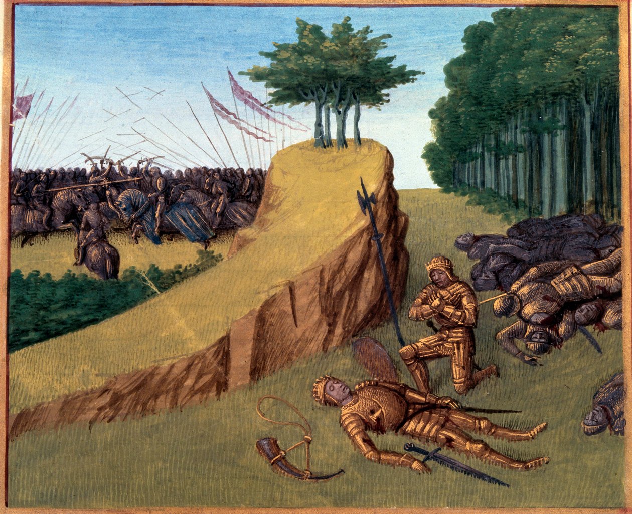 Slaget ved Roncesvalaux (778). Roland døde i Roncevaux. Miniatyr i "" Grandes Chronicles de France"" (Folio 113) av Jean Fouquet (141.-147.) BN, Paris. av Jean Fouquet