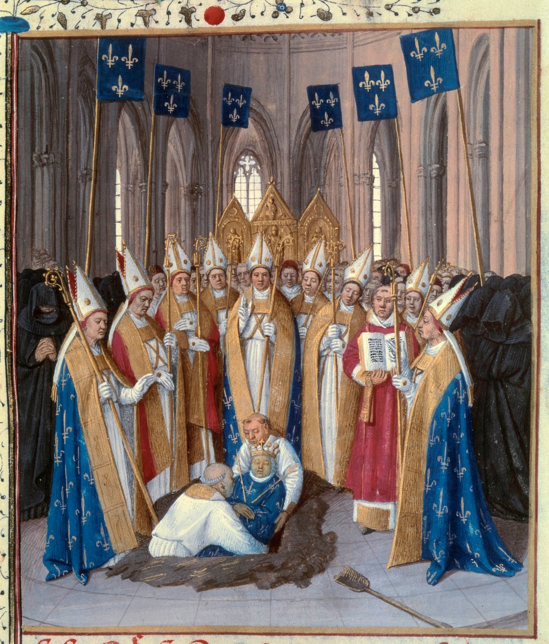 Begravelse av kong Filip IV the Bel (1268-1314) ved Basilica Saint Denis Miniature hentet fra "The Chronicles of Saint Denis"" av Jean Fouquet (1420-1481) 1400-tallet. Paris, B.N. av Jean Fouquet