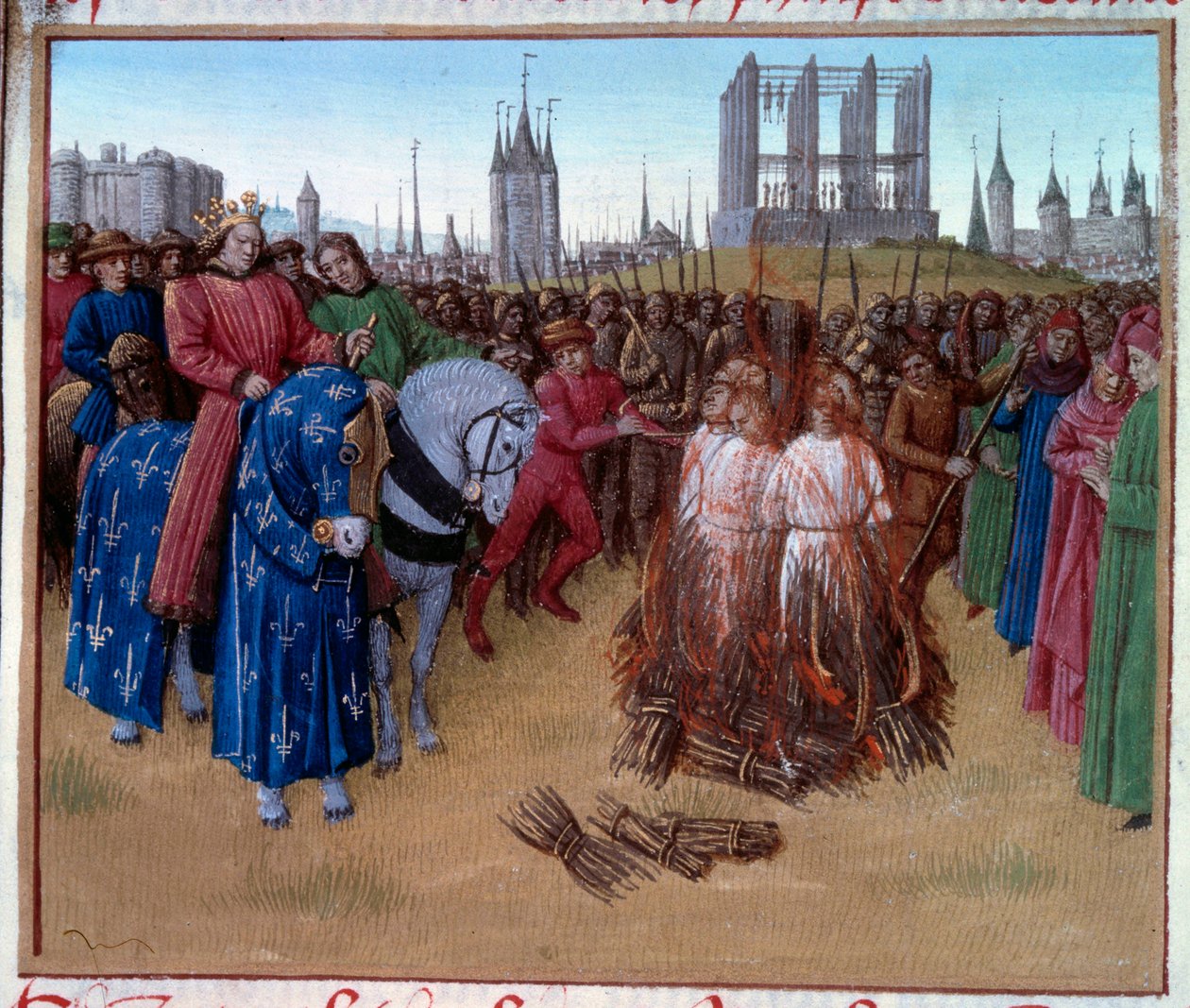 Fordømmelse og tortur av amaurikerne (tilhengere av Amaury de Chartres, fransk filosof og teolog fra 1100-tallet) i nærvær av Filip II kjent som Philip Auguste (1165-1223). Manuskript "" Grandes Chronicles de France "" (Folio 236 av Jean Fouquet