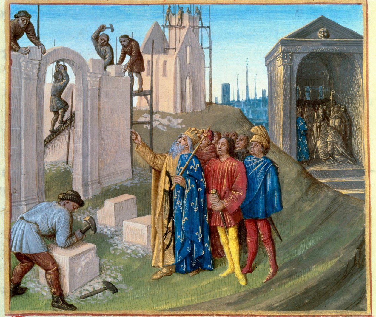 Bygging av palasset i Aachen (796-805) av Charlemagne (742-814) som fører tilsyn med byggeplassen. Til høyre blir pukkelryggen Pepin (770-811) en munk. Miniatyr fra "" Les Grandes Chronicles de France"" belyst av Jean Fouquet (1420-1) av Jean Fouquet