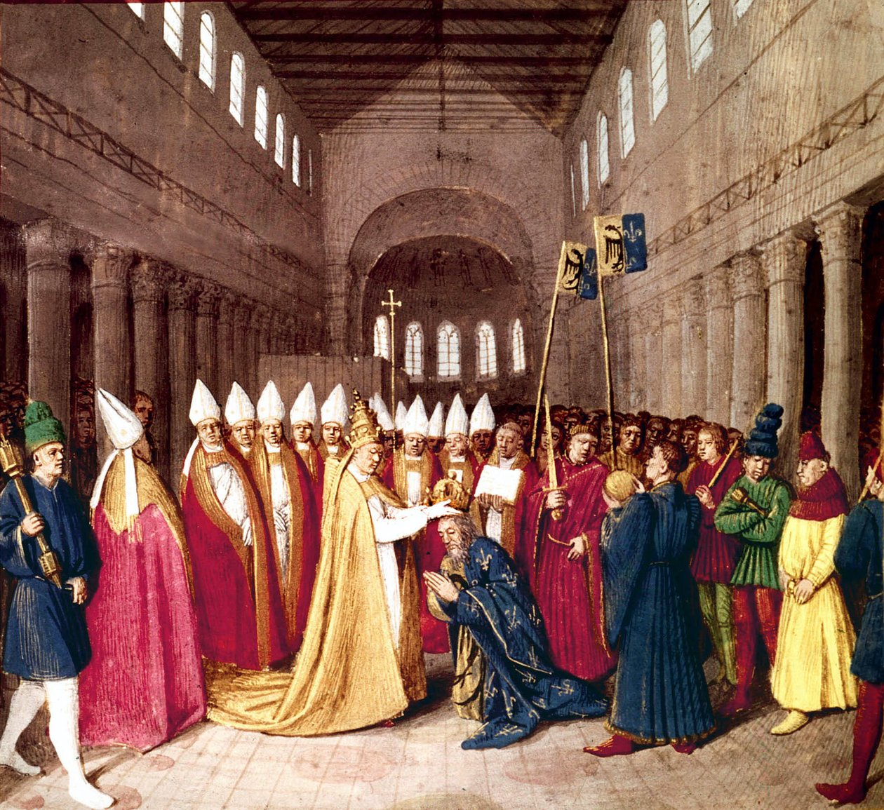 Kroningen av keiser Charlemagne den 25. desember 800 i Roma av pave Leo III, belysning fra "Les Grandes Chroniques de France" av Jean Fouquet, ca. 1455-1460 av Jean Fouquet
