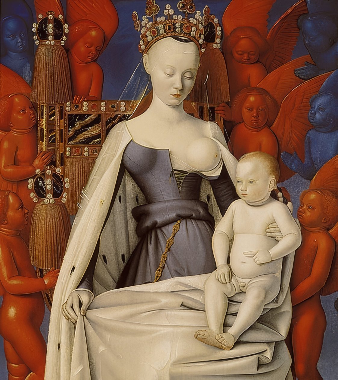 Den tronende Madonna med Kristusbarnet. Diptyk av Melun, høyre fløy. Rundt 1450 av Jean Fouquet