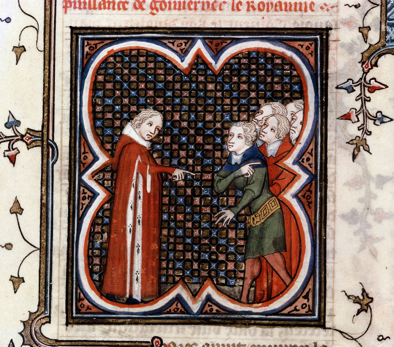 Etienne Marcel, en prevot av kjøpmennene i Paris, bedt av kong Johannes II den gode (1319-1364) av Frankrike om å respektere "Grande Ordonance" fra 1357 og bebreidet for hans oppførsel, i "The Great Chronicles of France" av Jean Fouquet (1420-1481), ca. 14 av Jean Fouquet