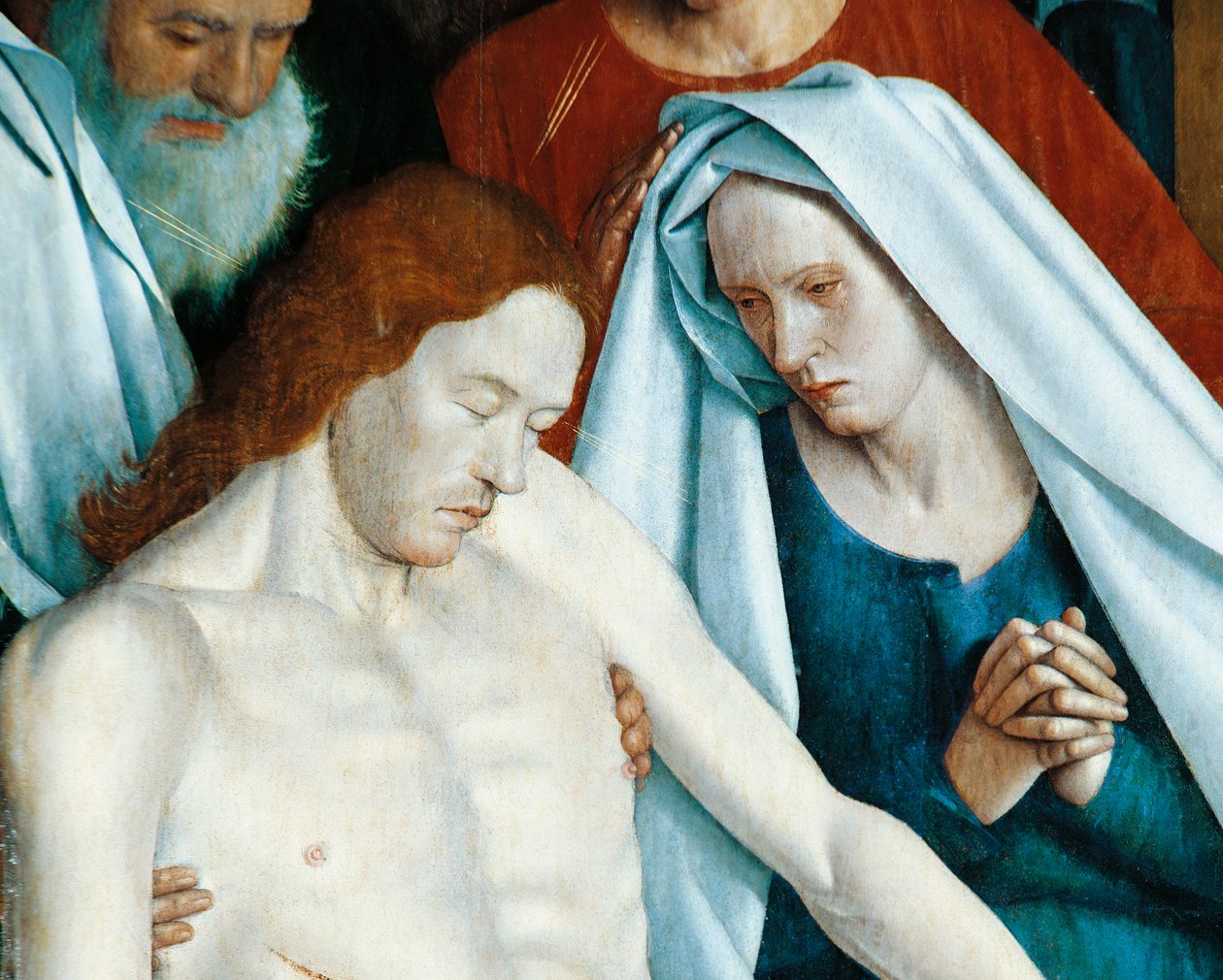 Frankrike, Nouans-les-Fontaines, St. Martins kirke, Jomfruen og Kristus, detalj fra Pieta av Jean Fouquet
