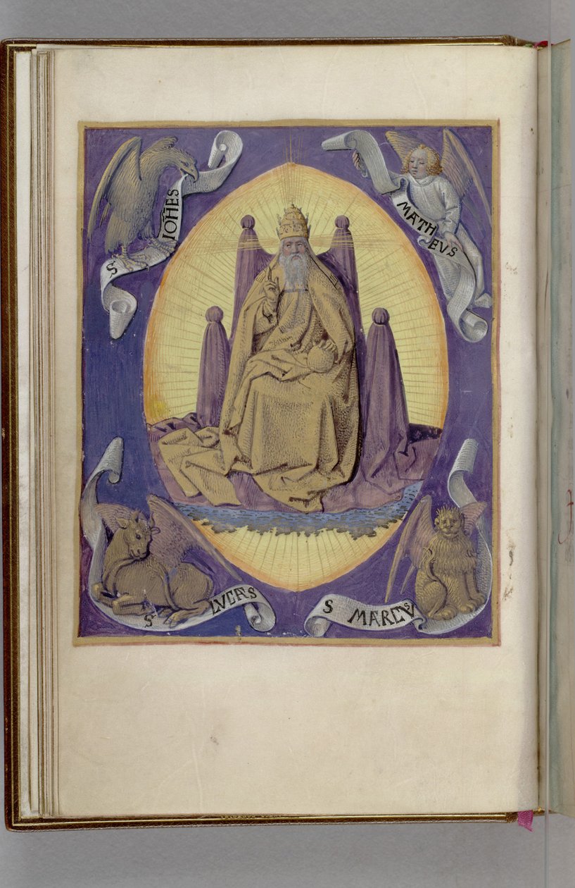 Gud Faderen med symboler på de fire evangelistene i hjørnene. Timebok, 1450-1499 av Jean Fouquet