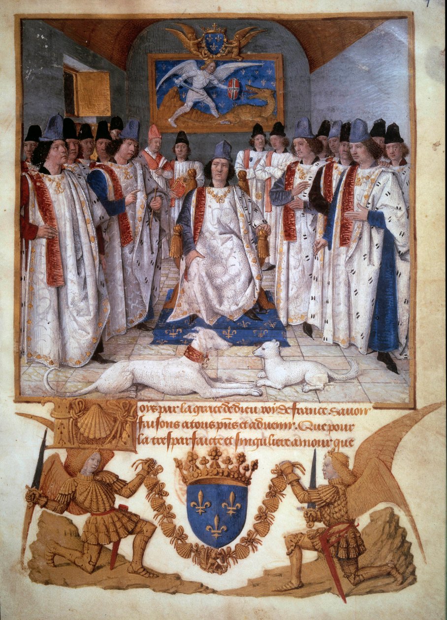 Holdt av et kapittel av Saint Michel-ordenen rundt Ludvig XI (1423-1483) Miniatyr fra "Statutter of the Order of Saint-Michel" av Jean Fouquet (1420-1481) 1470 Paris, B.N. av Jean Fouquet