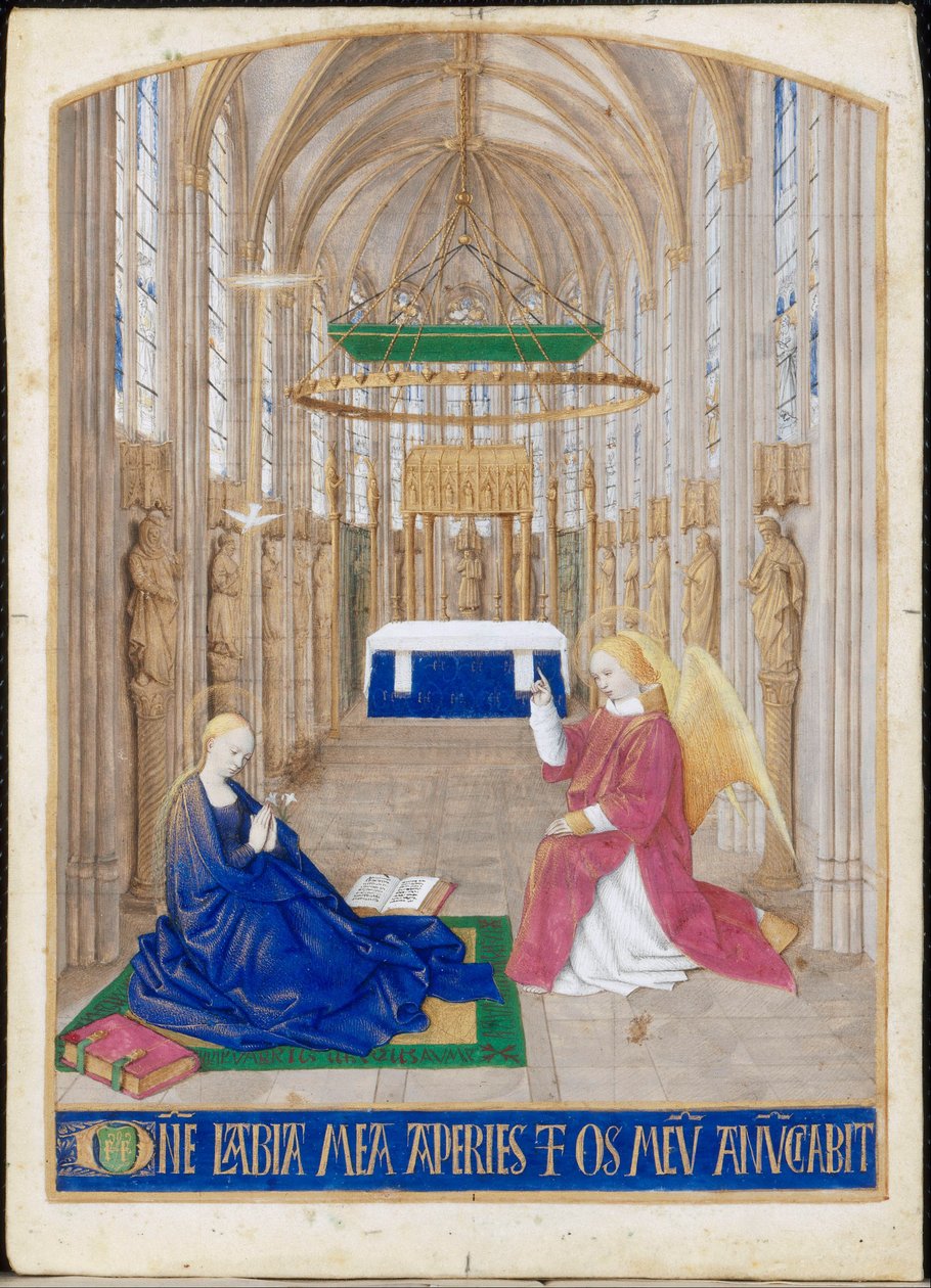 Bebudelsen, miniatyr fra Etienne Chevaliers timer. Den Hellige Ånds kontor, matins av Jean Fouquet