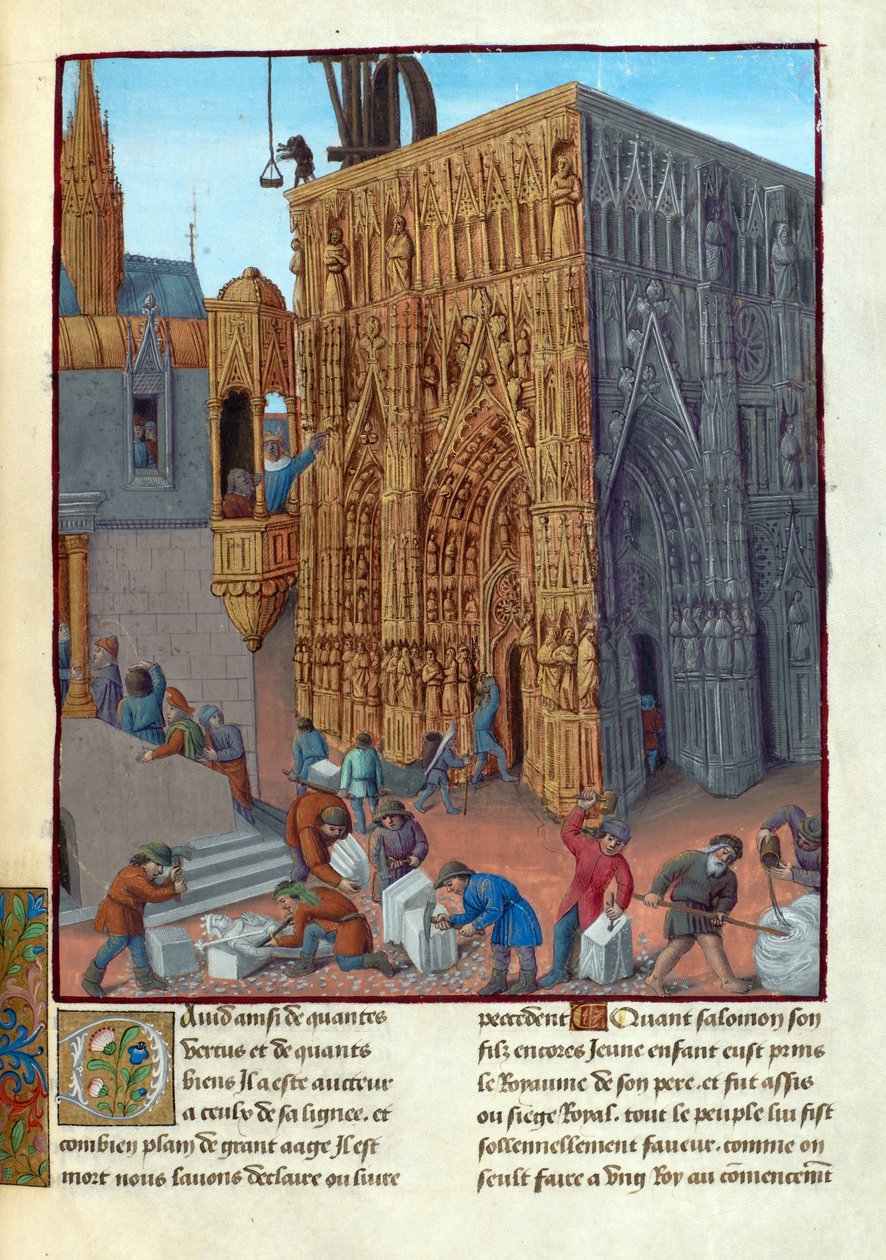La construction du temple de Salomon - Byggingen av Salomos tempel. Illustrasjon i Flavius Josephus ""Jødenes antikviteter"" (Antiquitatum Iudaicarum) av Fouquet, Jean (1420-1481). Gouache på pergament, sent på 1400-tallet, Bibliotheque Nationale av Jean Fouquet
