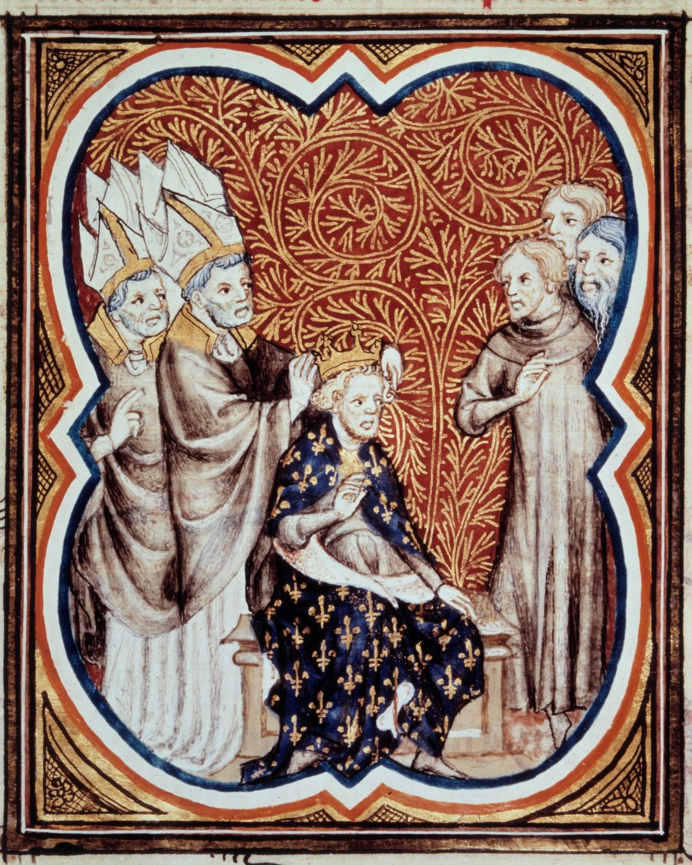 Le corre du roi Louis VI dit le Gros (1081-1137) Miniatyr hentet fra "Les grandes chronicles de France"" av Jean Fouquet (1420-1481) 1400-tallets Paris, B.N. av Jean Fouquet