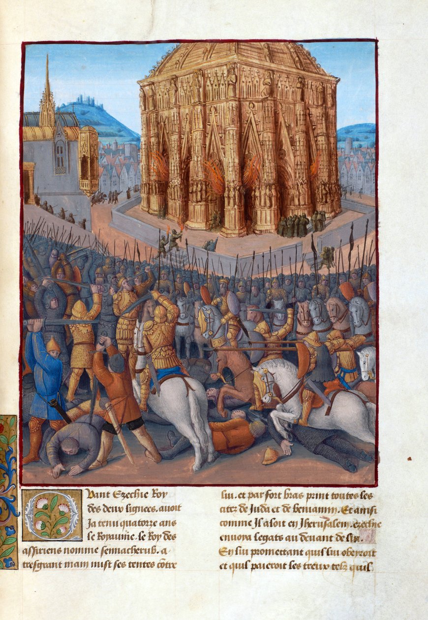 Le siege de Jerusalem par le roi de Babylone Nebuchadnezzar II (604-562 før JC) - Beleiring av Jerusalem av Nebukadnesar II. Illustrasjon i Flavius ​​​​Josephus "Antiquities of the Jews" (Antiquitatum Judaicarum) av Fouquet, Jean (1420-1481). Gouache på pa av Jean Fouquet