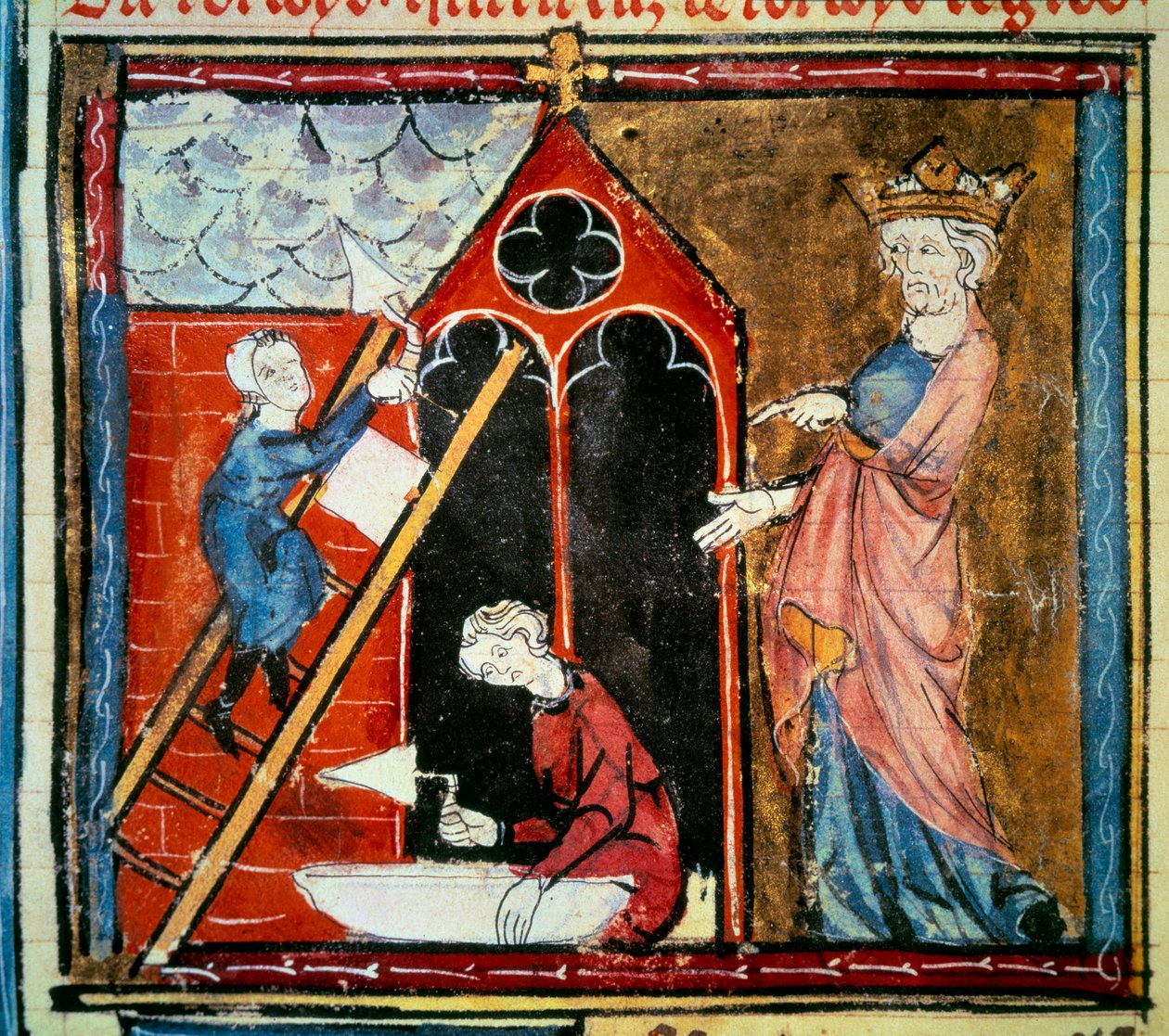 Louis vi le gros (1081 - 1137) overvåket byggingen av en bygning. Miniatyr i "" Grandes chroniques de france "" av Jean Fouquet (1420-1481) av Jean Fouquet