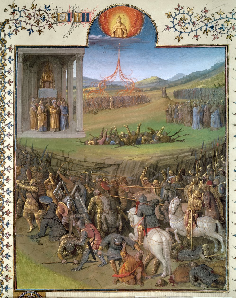 Fr 247 f.70 Hebreernes kamp mot kanaanittene og tuktelsen av Korah og opprørerne, illustrasjon fra 'Antiquites Judaiques', ca. 1470 av Jean Fouquet