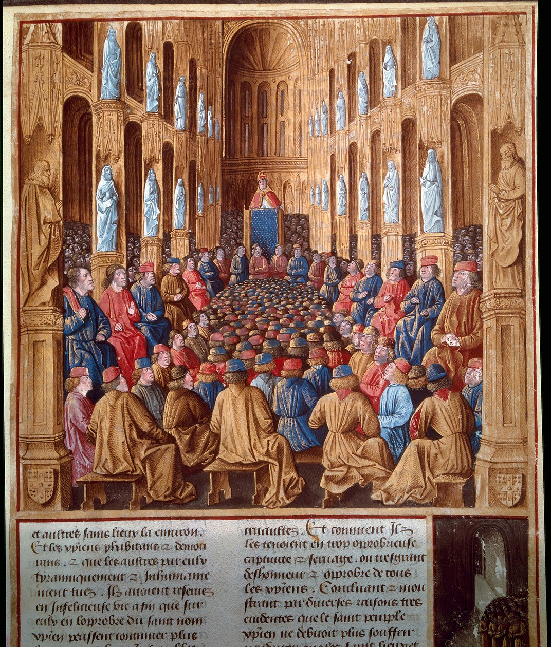 Pave Urban II (1042-1099) forkynte det første korstoget ved konsilet i Clermont, Frankrike, og forente riddere, adel og kardinaler av Jean Fouquet