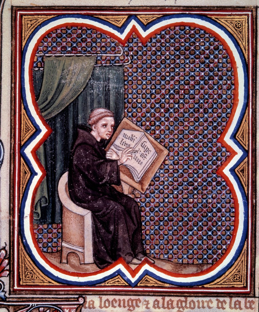 Primat skriver de store kronikkene i Frankrike ved klosteret Saint Denis. Miniatyr fra manuskriptet av Jean Fouquet (1420 - 1481) "" Grandes Chronicles de France"". Paris, B N av Jean Fouquet