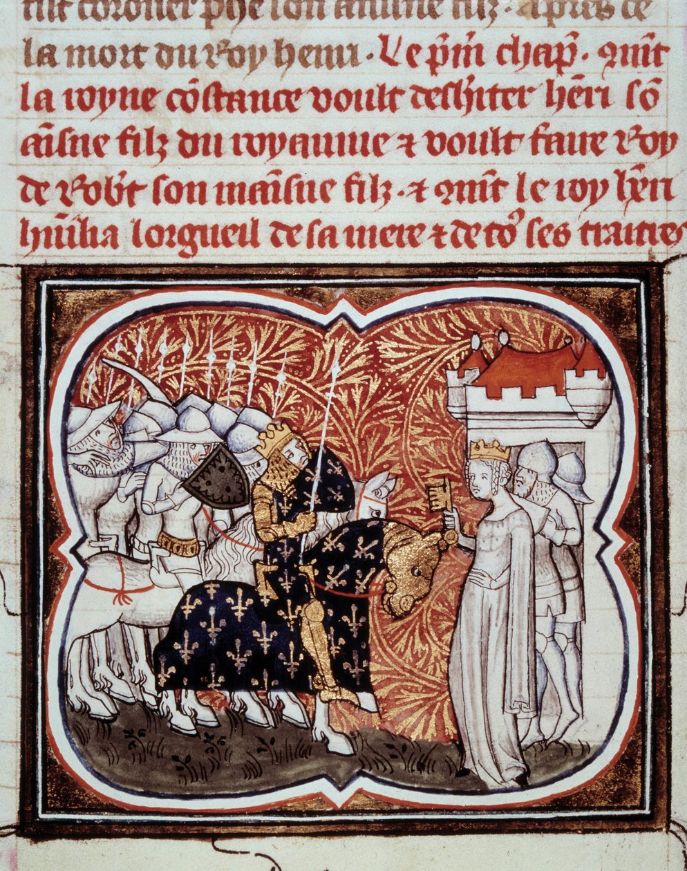 Dronning Constance av Arles (986-1032) overgir seg til sønnen Henry I, konge av Frankrike (1008-1060) Miniatyr fra "" Les grandes chronicles de France"" av Jean Fouquet (1420-1481) 1400-tallets Paris, B.N. av Jean Fouquet