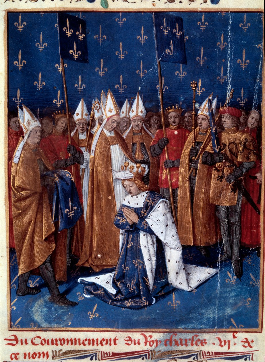 Hellige Karl VI i Reims i 1380. Miniatyr i "" Grand Chronicles of France"" (Folio 457v), belyst av Jean Fouquet (1420-1481) 1455-1460. BN, Paris. av Jean Fouquet