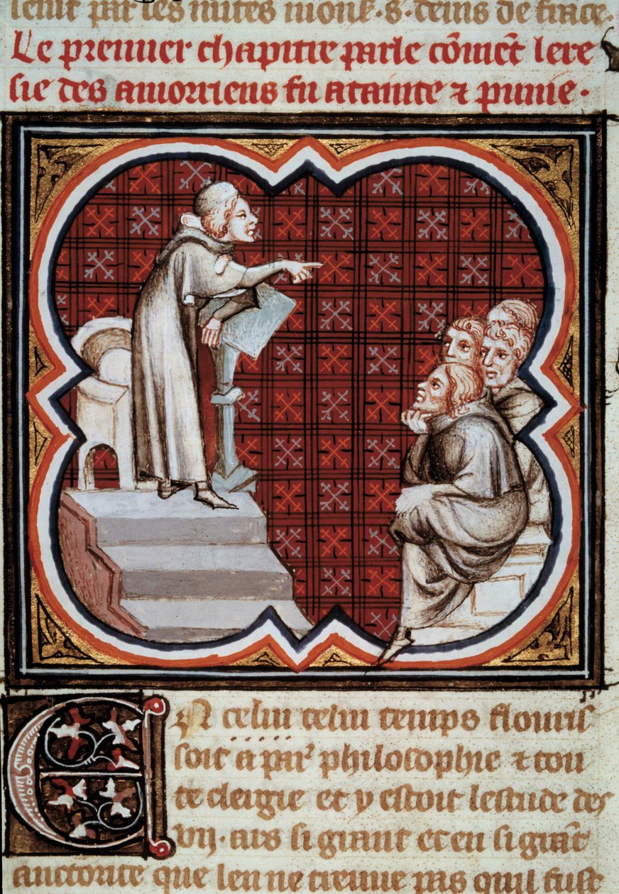 Den franske filosofen og teologen Amaury de Chartres (eller Amaury de Bene eller Amalricus de Bene) (død 1209) foran sine disipler (amaurikerne). Miniatyr fra Les Grandes Chronicles de France”” belyst av Jean Fouquet (1420-1481) av Jean Fouquet