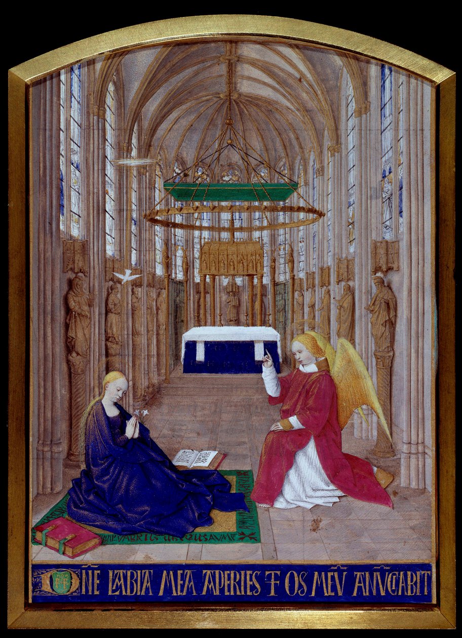 Miniatyrkunngjøringen hentet fra "" The Book of Hours of Etienne Chevalier"" av Jean Fouquet (1420-1477/1481) av Jean Fouquet