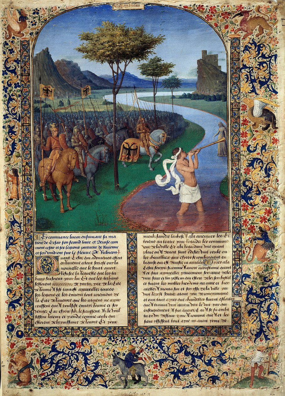 The Passage of Rubicon av Jules Cesar Den romerske generalen Jules Cesar krysset Rubicon den 11/01/49 f.Kr. som utgjør skillet mellom Cisalpine Gallia og Italia. Miniatyr fra "" Ancient History til Cesar and Facts of the Romans"" av Jean Fouquet ( av Jean Fouquet