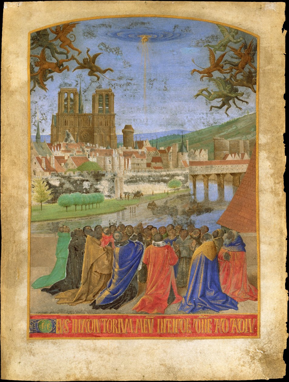 Guds høyre hånd som beskytter de trofaste mot demonene, ca. 1452-1460 (tempera og bladgull på pergament) av Jean Fouquet