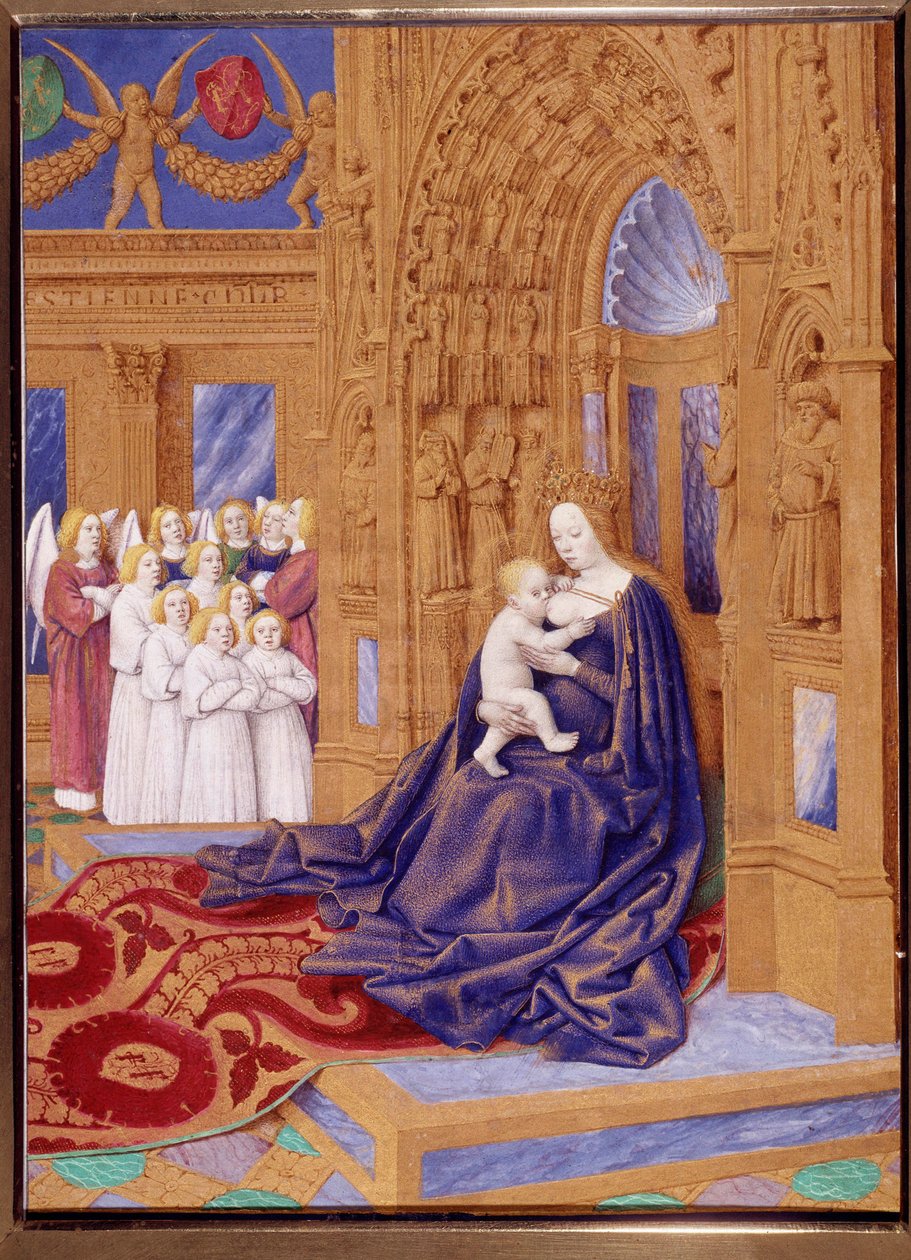 Jomfruen har miniatyrbarnet hentet fra "The Book of Hours of Stephen Chevalier" av Jean Fouquet (1420-1477/1481) av Jean Fouquet