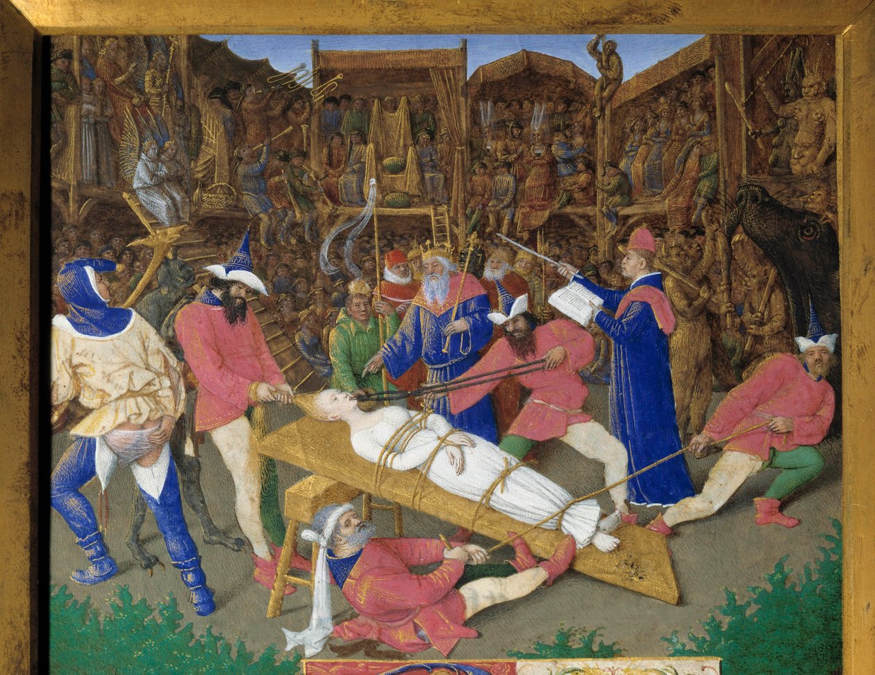 De helliges stemmer. Martyrium av Saint Apolline (eller Apollonia) Den kristne Saint Apolline av Alexandria ble torturert av Paians i 249 e.Kr. Bødlene trekker i håret og knekker tennene hans. Emperor Dece er en tilskuer. Detalj av en miniatyr tatt av Jean Fouquet