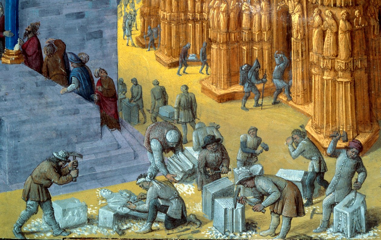 Byggingen av Jerusalem-tempelet av kong Salomo Detalj som representerer steinskjærerne. Miniatyr fra manuskriptet "The Judaic Antiquities"" av Josephus Flavius (Giuseppe Flavio, Flavius Josephe) (37-100) illustrert av Jean Fouquet (1425-1481) av Jean Fouquet