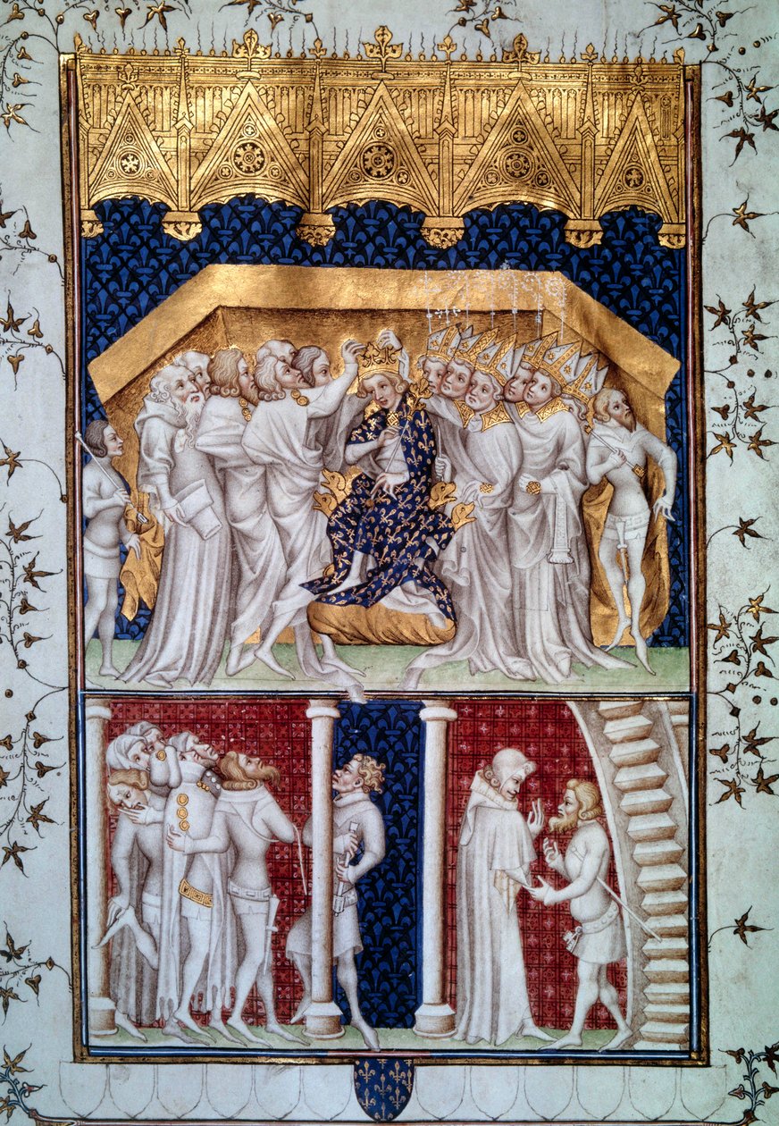 Kroningen av Charles VI (1368-1422) av jevnaldrende i Frankrike 16.09.1380. Miniatyr fra Grandes Chronicles de France”” av Jean Fouquet (1420-1481) 1400-tallets Paris, B.N. av Jean Fouquet