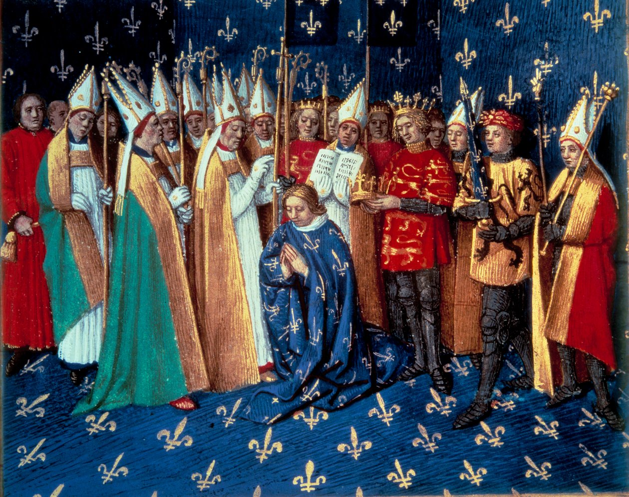Kroningen av Philippe Auguste i Reims 1/11/1179. Miniatyr fra Chronicles of Saint Denis”” av Jean Fouquet (1420-1481) 1400-tallet. Paris, BN av Jean Fouquet