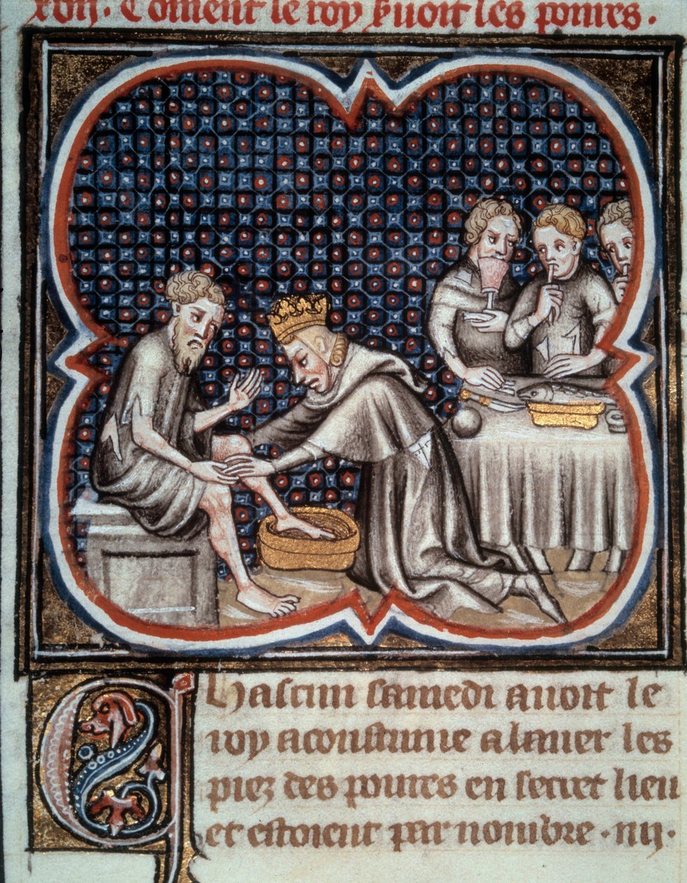 Foten til kong Louis IX (1214-1270) (Saint Louis): han gir mat og vasker føttene til de fattige. Miniatyr fra manuskriptet "Les Grandes Chronicles de France"" av Jean Fouquet (1420-1481) 1400-tallet. Paris, B.N. av Jean Fouquet