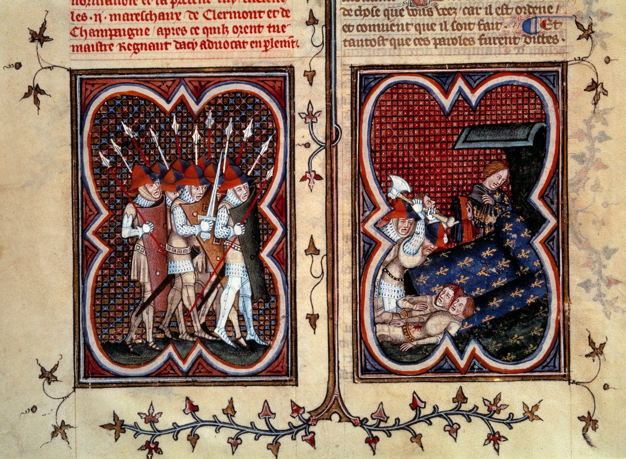 Marechauxen Robert de Clermont og Jean de Conflans ble myrdet av Etienne Marcel (1315-1358) og hans menn i rommet til delfinen Charles (fremtidige Charles V) ved Palais de la cite 22. februar av Jean Fouquet