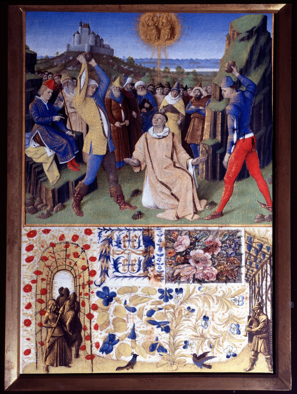 St. Stephens martyrdød ved steining av miniatyr hentet fra "The Book of Hours of Etienne Chevalier" av Jean Fouquet (1420-1477/1481) av Jean Fouquet