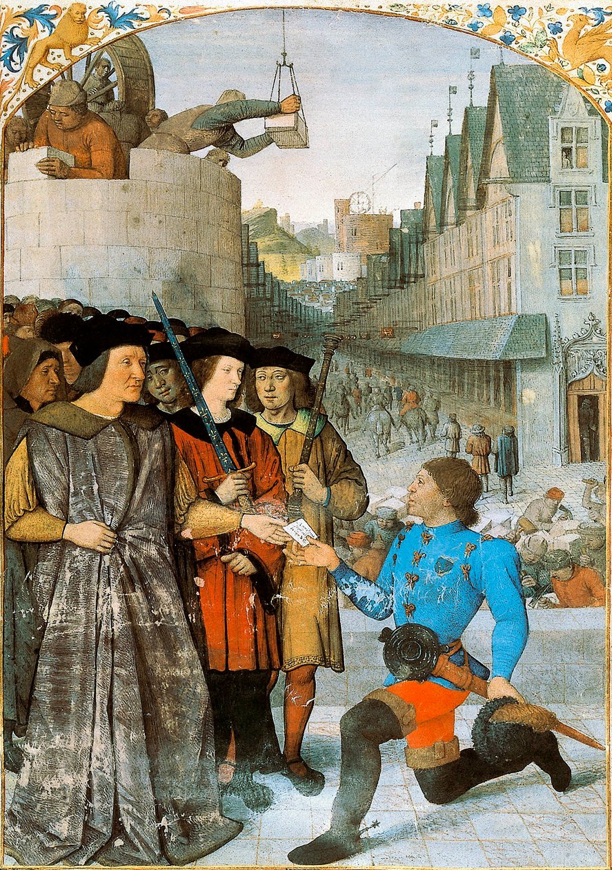 Viscount of Rochechouart mottar en kongelig budbringer. Miniatyr av Jean Fouquet (1420-1481) fra "The Great Chronicles of France". 1455-1460 av Jean Fouquet