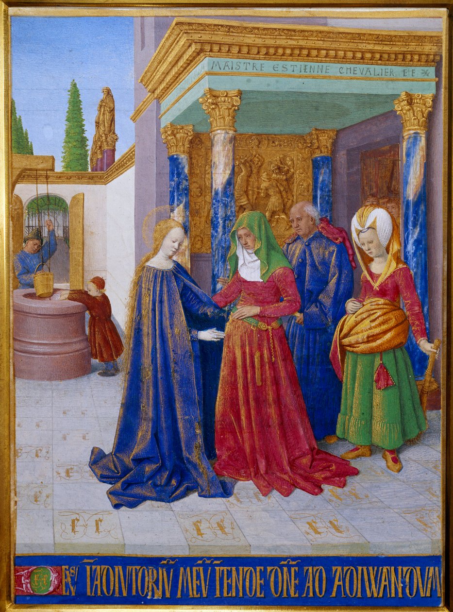 Besøk. Møte mellom Jomfru Maria og Saint Elizabeth. Miniatyr i "" Les Hours d