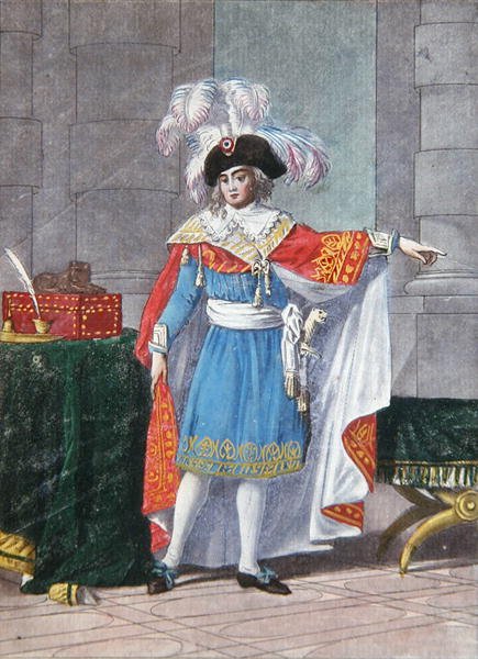 Et av de fem medlemmene av Executive Directory for Directoire-perioden (1795-99) i formell drakt (farget gravering) av Jean Francois (after) Garneray