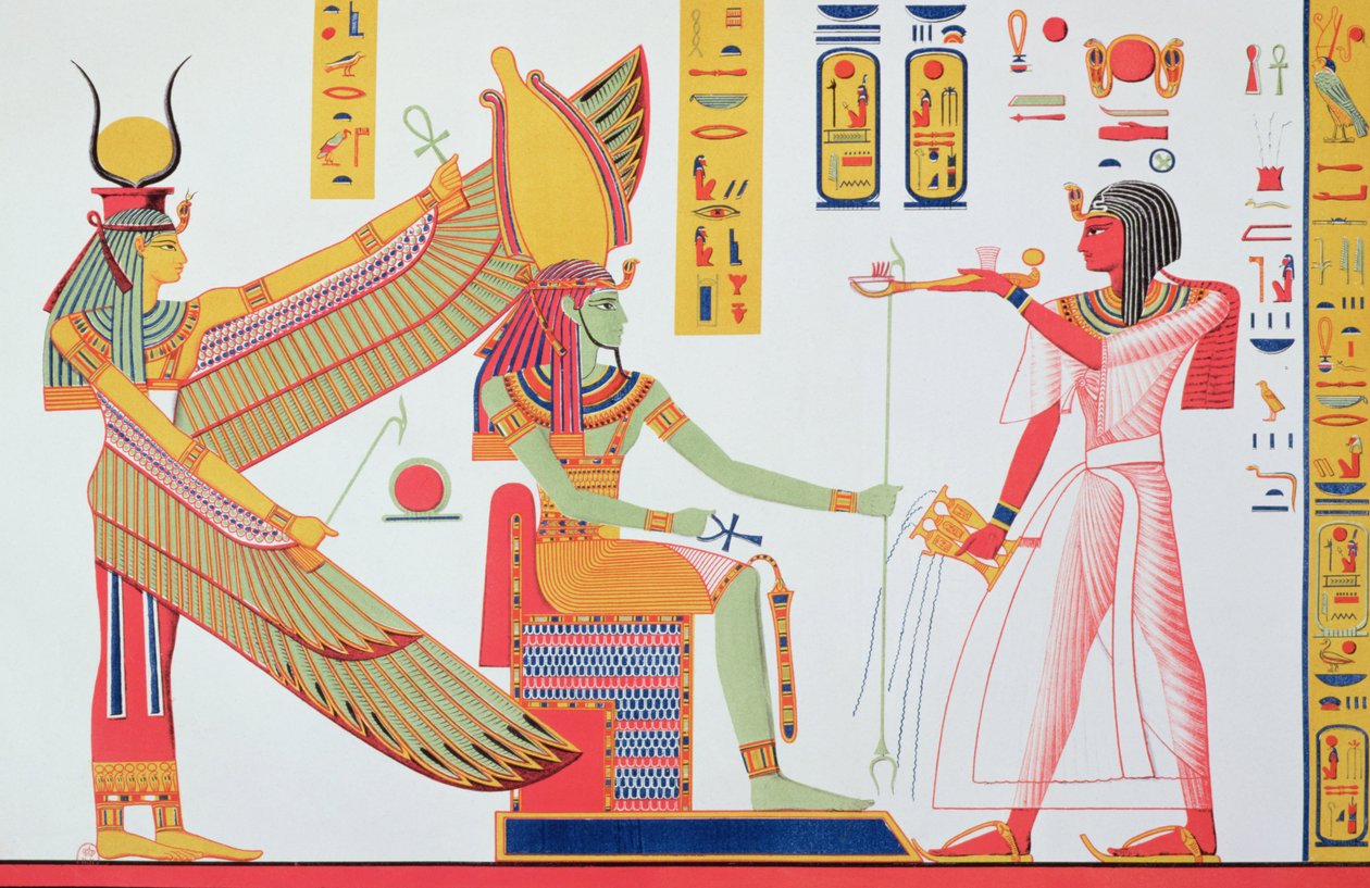 Ramesses IV (1153-1147 f.Kr.) ofrer røkelse til Isis og Amon-Re, sittende på en trone, kopi av et veggmaleri fra graven hans i Kongenes dal, plate 260 fra Monuments dEgypte av Jean-Francois av Jean Francois Champollion