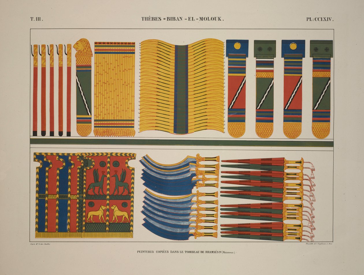 Ulike egyptiske våpen og våpen, Theben, Biban-el-Molouk, illustrasjon fra "Monuments of Egypt and Nubia, 1845 av Jean Francois Champollion