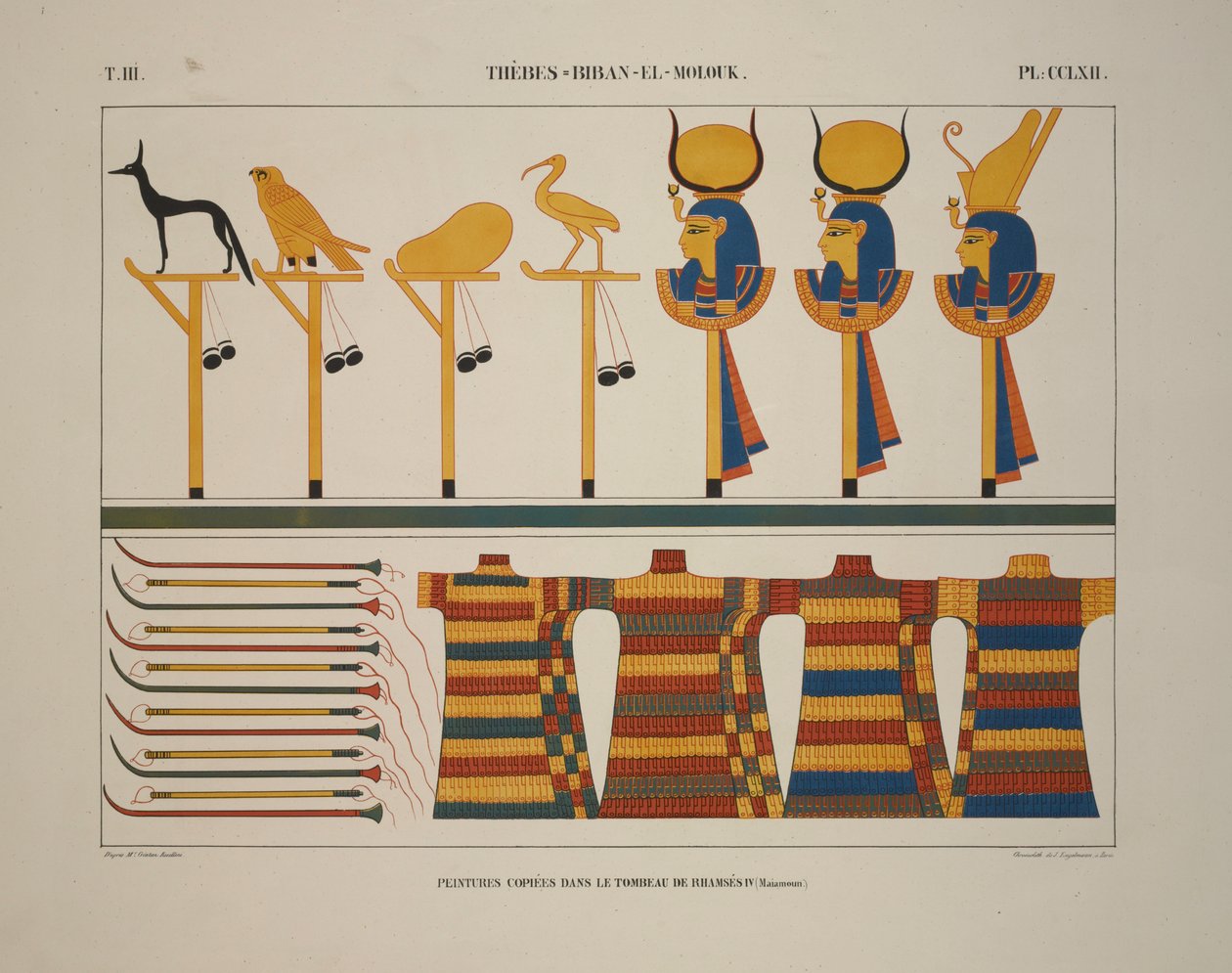 Våpen og tegn, Theben, Biban-el-Molouk, illustrasjon fra "Monuments of Egypt and Nubia, 1845 av Jean Francois Champollion